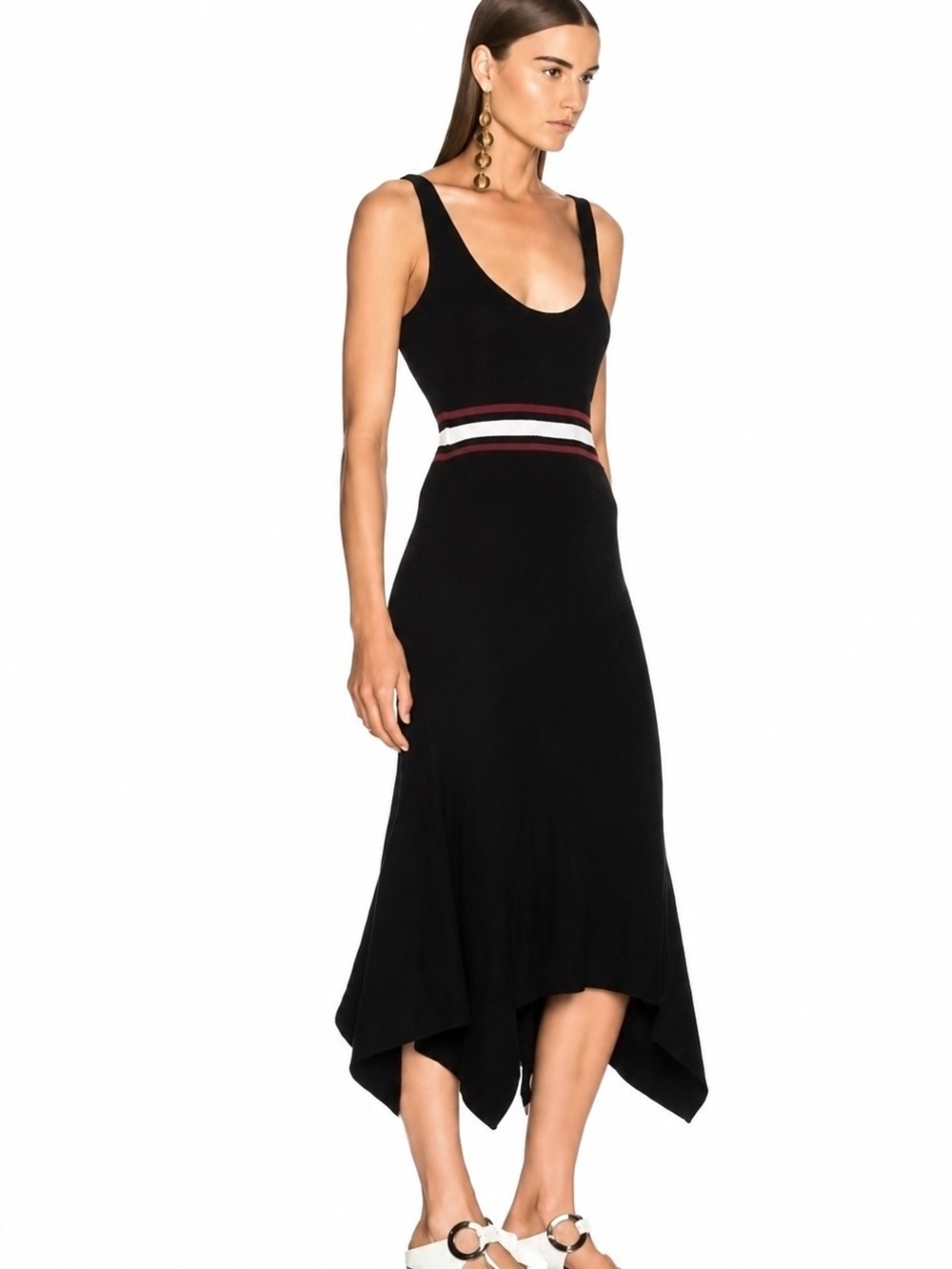A.L.C. Anders Scoop Neck Handkerchief Hem Dress Black XS Striped Waist Midi